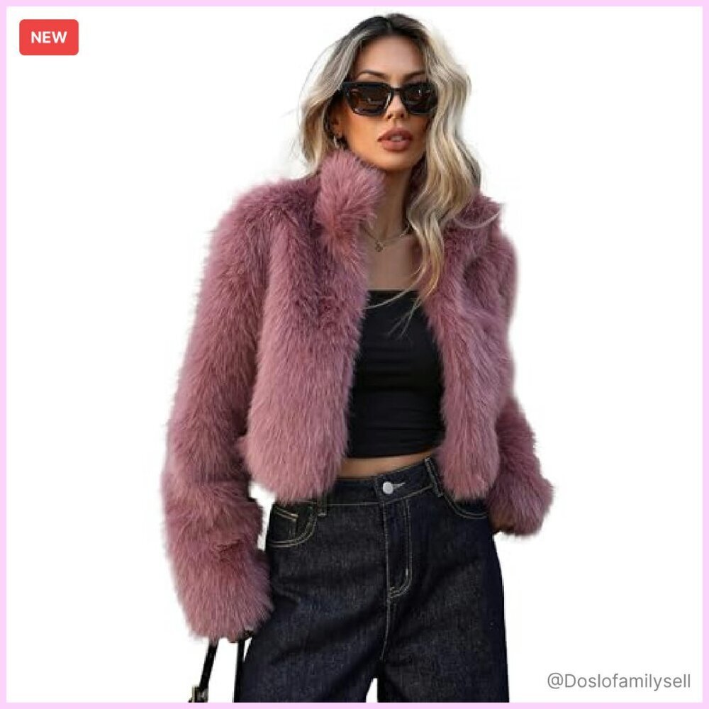 Stand Collar Faux Fur Jacket Long Sleeve Open Front Fluffy Elegant Winter Coat - Picture 3 of 8